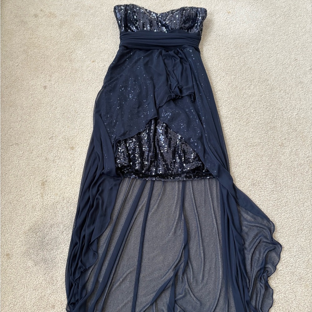 Deb Blue Sequin Asymmetrical Strapless Gown